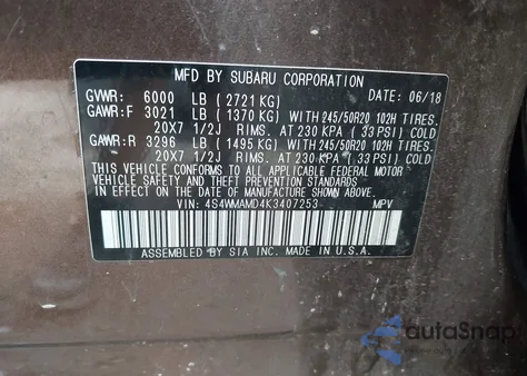 2019 Subaru Ascent Limited z USA, uszkodzony, nr VIN 4S4WMAMD4K3407253